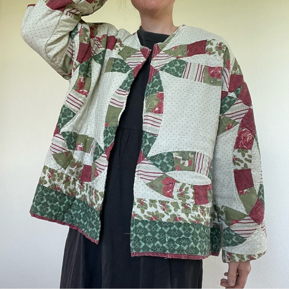 Handmade Vintage Quilted Patchwork Jacket in Cream, Green & Red